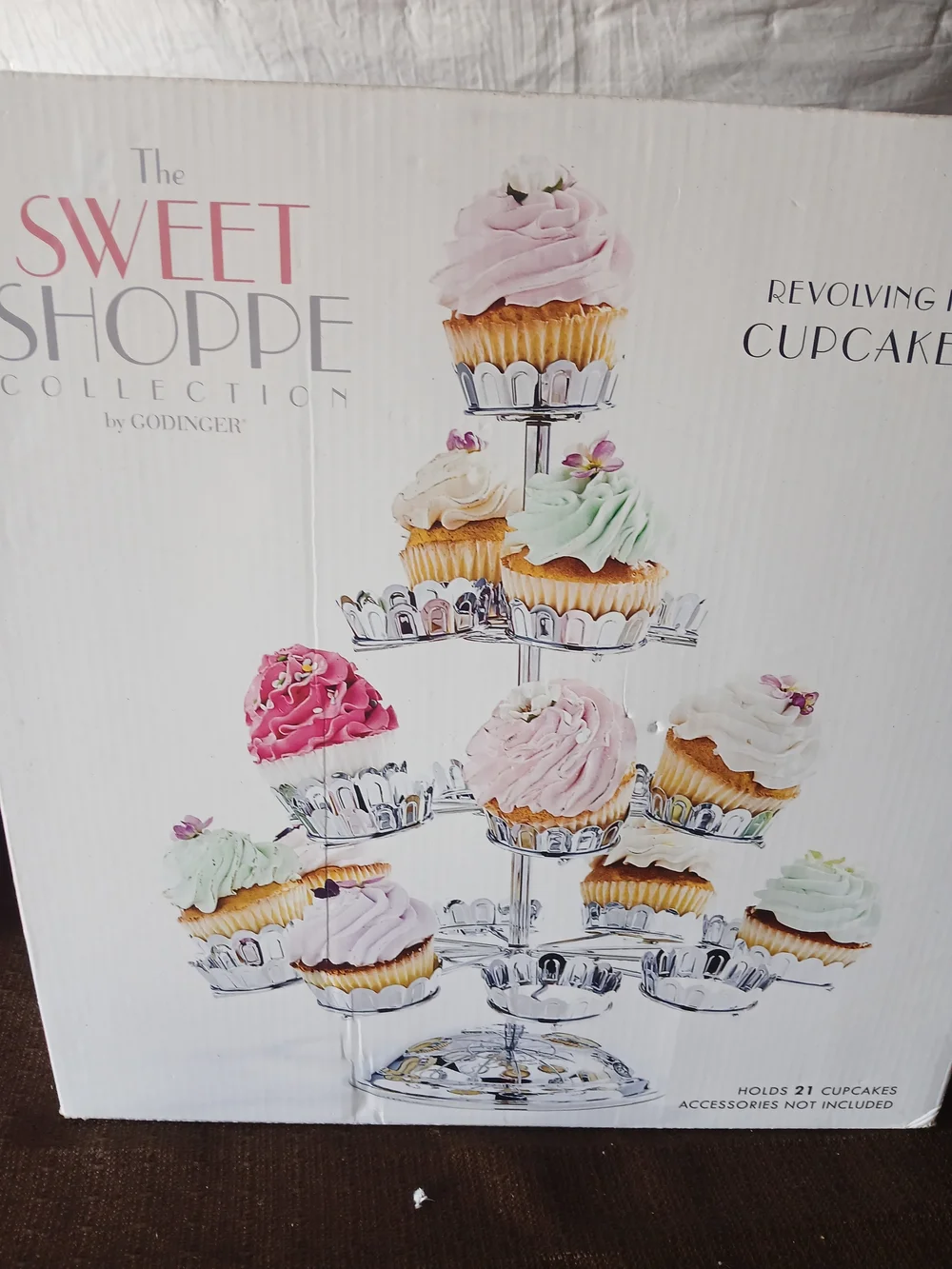 NIB Godinger The Sweet Shoppe Revolving 4-Tier Cupcake Stand - Holds 21